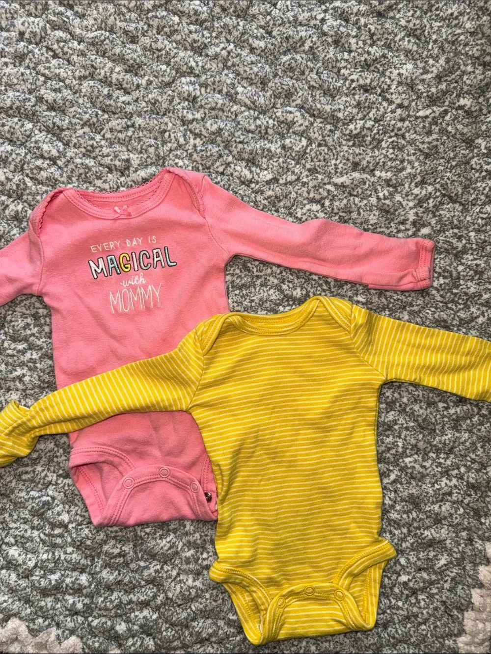 Carter's Pink Graphic Long-Sleeve One-Piece & Yellow Striped One-Piece Set
